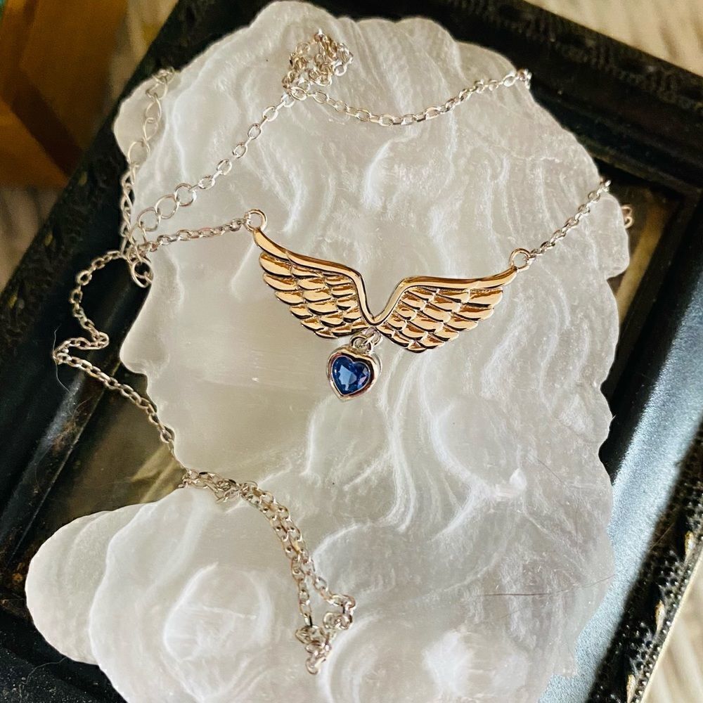 Angel Heart Wings Blue Cz Sterling Silver Necklace